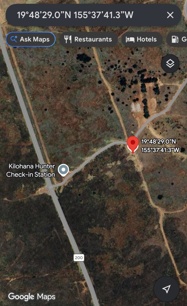 Satellite map with marked location and roads near Kilohana Hunter Check-in Station.