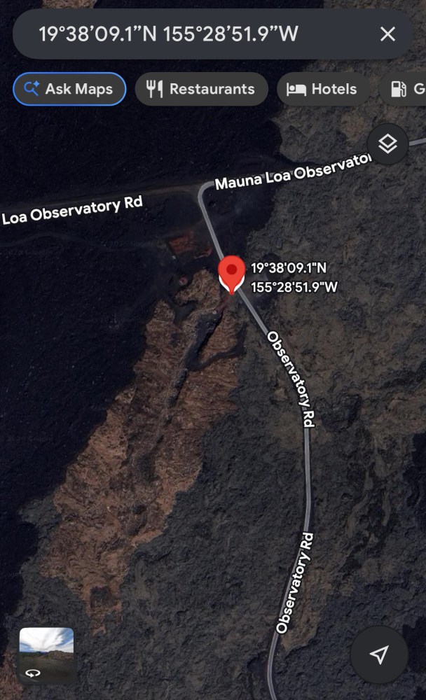 Map view of Mauna Loa Observatory Road location pin.